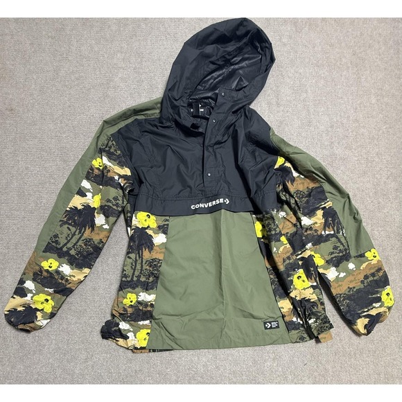 Converse Jacket Mens Large Green Black Hooded Anorak Windbreaker Camo Floral - Picture 1 of 6